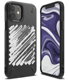 iPhone 12 Mini Case | Onyx Design - Black phone case with white diagonal brush strokes and text on a phone with marble wallpaper.