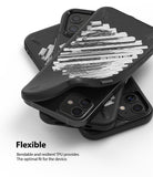 iPhone 12 Mini Case | Onyx Design - Stack of black textured phone cases with white brushstroke patterns on white background.