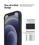 iPhone 12 Mini Case | Onyx Design - Close-up of phone case showing non-slip side texture and metallic button details.
