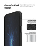 iPhone 12 Mini Case | Onyx Design - Close-up of phone case side showing non-slip circular texture and metallic button.