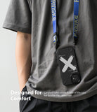 iPhone 12 Mini Case | Onyx Design - Black phone case with white X graphic hanging from a blue branded neck lanyard.