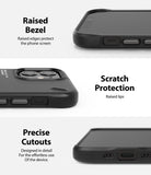 iPhone 12 Mini Case | Onyx Design - Close-ups of a black phone case highlighting raised screen bezels, camera scratch protection, and precise cutouts.