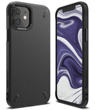 iPhone 12 Mini Case | Onyx - Matte black textured phone case shown from back and front with a purple marble screen display.