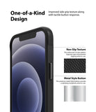 iPhone 12 Mini Case | Onyx - Close-up of phone case side showing non-slip circular texture and metallic button detail.