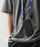 iPhone 12 Mini Case | Onyx - Black phone case with a blue lanyard worn around the neck against a grey t-shirt.