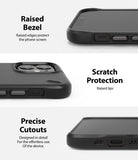 iPhone 12 Mini Case | Onyx - Close-ups of a black phone case showing raised screen bezels, camera protection, and precise port cutouts.