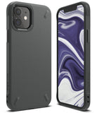 iPhone 12 Mini Case | Onyx - Matte black textured protective phone case shown from the back and front with marble wallpaper.