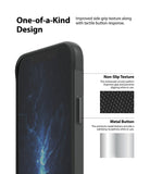 iPhone 12 Mini Case | Onyx - Close-up of phone case side showing non-slip circular texture and metallic button details.