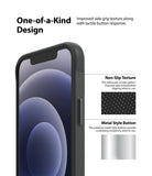 iPhone 12 Mini Case | Onyx - Close-up of phone case side showing non-slip circular texture and metallic button details.
