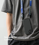 iPhone 12 Mini Case | Onyx - A black phone case worn around the neck with a blue branded lanyard against a grey t-shirt.