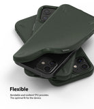 iPhone 12 Mini Case | Onyx - Stack of dark green, textured TPU phone cases with one partially covering a black smartphone.