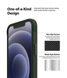 iPhone 12 Mini Case | Onyx - Close-up of dark green phone case showing textured non-slip side grip and metallic button.
