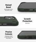 iPhone 12 Mini Case | Onyx - Three views of a dark green phone case highlighting raised bezels, scratch protection, and cutouts.