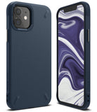 iPhone 12 Mini Case | Onyx - Matte navy blue protective phone case shown from the back and front with a marble wallpaper.