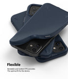 iPhone 12 Mini Case | Onyx - Stack of flexible navy blue TPU phone cases showing a bent edge and camera cutouts.
