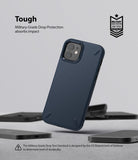 iPhone 12 Mini Case | Onyx - Dark blue textured phone case with military-grade drop protection badge on a gray background.