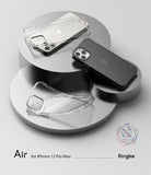 iPhone 12 Pro Max Case | Air + Shoulder Strap - Three iPhone 12 Pro Max cases in clear and black on silver pedestals.