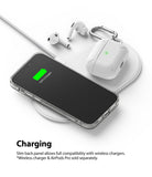 iPhone 12 Pro Max Case | Air + Shoulder Strap - iPhone 12 Pro Max Case - Smartphone and AirPods Pro case charging wirelessly on a white pad.