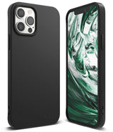 iPhone 12 Pro Max Case | Air-S - Matte black phone case shown from back and front with a green marble screen display.