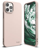 iPhone 12 Pro Max Case | Air-S - Matte pink iPhone 12 Pro Max case showing back camera cutout and front screen with green marble wallpaper.