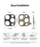 iPhone 12 Pro Max | Camera Styling - Dimensions and four-step installation guide for a camera lens protector.