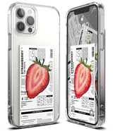 iPhone 12 Pro Max Case | Fusion Design Fruit - Clear phone case featuring a strawberry nutrition label graphic.