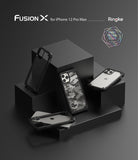 iPhone 12 Pro Max Case | Fusion-X - Four black protective phone cases displayed on stacked black geometric blocks.