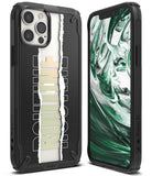 iPhone 12 Pro Max Case | Fusion-X Design - Black rugged case with a torn paper graphic and green marble screen display.