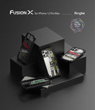 iPhone 12 Pro Max Case | Fusion-X Design - Four black protective phone cases with graphic designs on black pedestals.