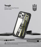 iPhone 12 Pro Max Case | Fusion-X Design - Black protective phone case with a cassette tape graphic on a grey background.