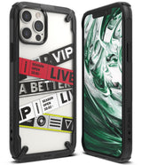 iPhone 12 Pro Max Case | Fusion-X Design - Rugged black case with a clear back featuring graphic ticket-style stickers.