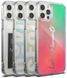 iPhone 12 Pro Max Case | Fusion Design - Four clear phone cases with varied graphic backings including text and gradients.