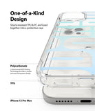 iPhone 12 Pro Max Case | Fusion Design - Clear phone case with blue graphic design layered over an iPhone 12 Pro Max.