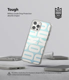 iPhone 12 Pro Max Case | Fusion Design - Clear phone case with blue typography on a gray surface with military-grade protection badge.