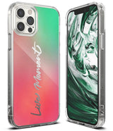 iPhone 12 Pro Max Case | Fusion Design - Clear phone case with pink-to-green gradient back and "Life Moment" text.