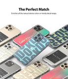 iPhone 12 Pro Max Case | Fusion Design - Multiple clear iPhone cases with various colorful decals and text overlays arranged on a white background.