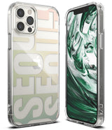 iPhone 12 Pro Max Case | Fusion Design - Clear phone case with Seoul typography and green marble screen display.