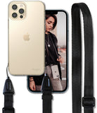 iPhone 12 Pro Max Case | Air + Shoulder Strap - Clear phone case with black adjustable strap and lifestyle photo.