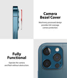 iPhone 12 Pro Max | Camera Styling - Side view of a red camera bezel cover aligning with a blue iPhone and a close-up of the installed lens protector.