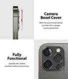 iPhone 12 Pro | Camera Styling - Side view of a red camera bezel cover aligning with an iPhone and a close-up of the installed lens protector.