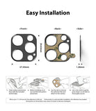 iPhone 12 Pro | Camera Styling - Technical diagram showing dimensions and a four-step installation guide for a camera lens cover.