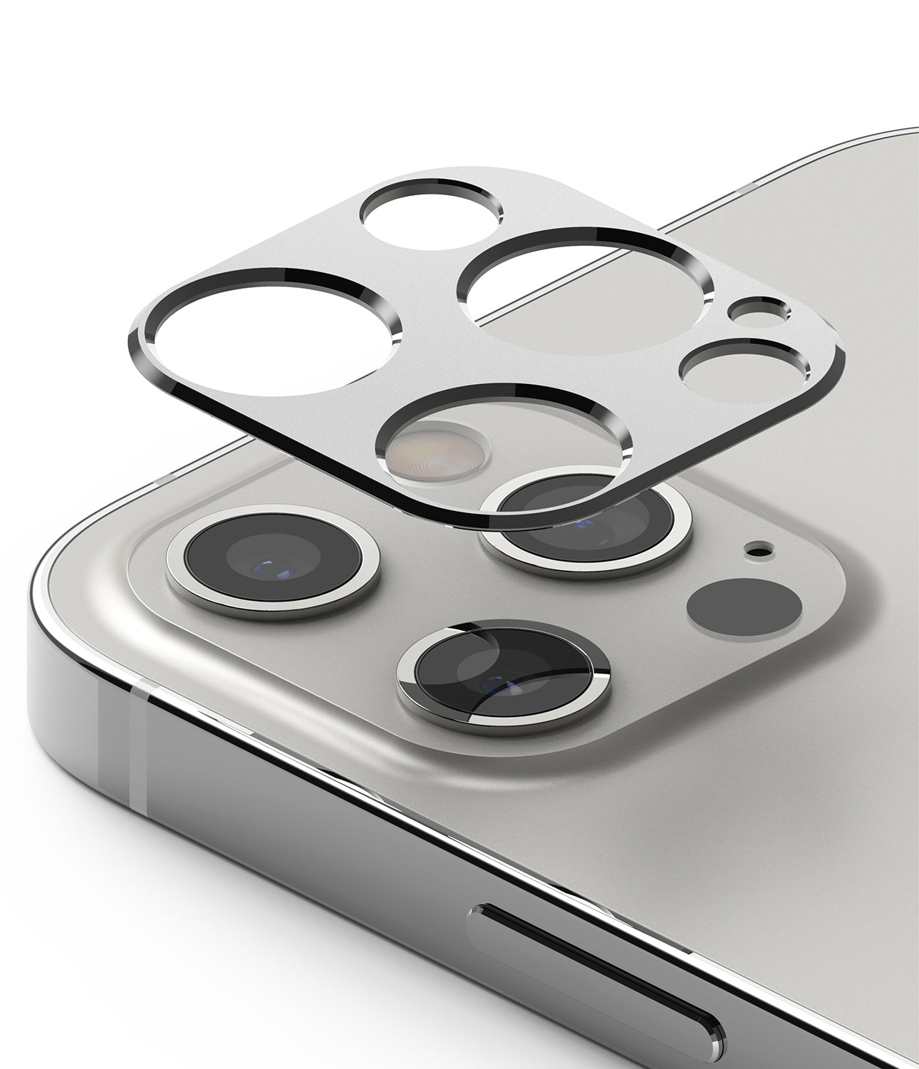 iPhone 12 Pro | Camera Styling - Silver metal camera lens protector hovering above the iPhone 12 Pro triple-lens array.