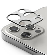 iPhone 12 Pro | Camera Styling - Silver metal camera lens protector hovering above the iPhone 12 Pro triple-lens array.