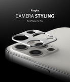 iPhone 12 Pro | Camera Styling - Silver metallic camera lens protector hovering above an iPhone 12 Pro camera module.