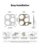 iPhone 12 Pro Max | Camera Styling - Technical diagram showing dimensions and four-step installation guide for a camera lens protector.