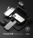 iPhone 12 / 12 Pro Case | Fusion-X2 - Multiple black Fusion-X2 cases and AirPods cases arranged on a dark surface.