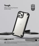 iPhone 12 / 12 Pro Case | Fusion-X2 - Clear phone case with black frame floating above other phones with military-grade badge.