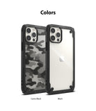 iPhone 12 / 12 Pro Case | Fusion-X - Two iPhone 12 cases in Camo Black and Black, featuring rugged bumpers and clear or patterned backs.
