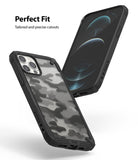 iPhone 12 / 12 Pro Case | Fusion-X - Two views of a black camouflage phone case with precise cutouts on a white background.