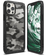iPhone 12 Pro Max Case | Fusion-X - Black rugged case with camo back and green marble screen display on iPhone.